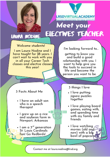 Graphic introducing Mrs. Nodine, the CTE/Electives teacher