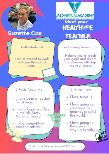 Graphic introducing Ms. Cox, the virtual PE/Health Teacher