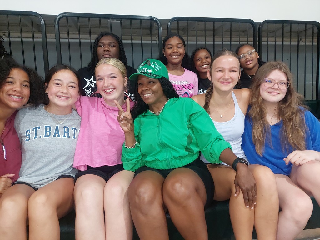 The PHMS volleyball team posing in the bleachers at the game.