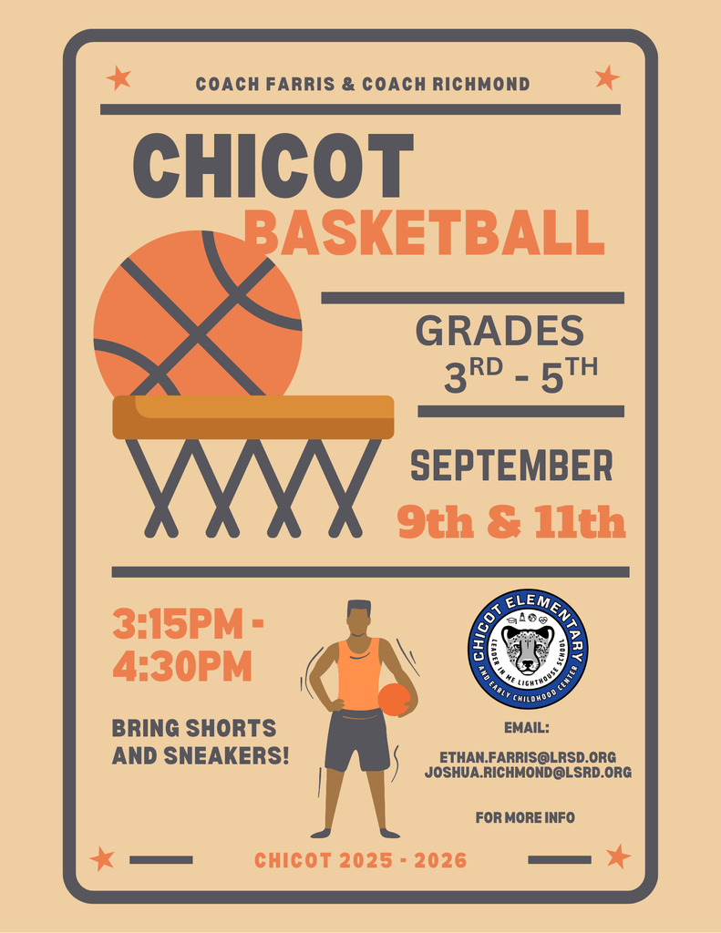 Image text states, "Chicot Elementary Basketball Tryouts! 3rd-5th grade boys & girls, come show your skills! Tryouts: Tuesday, Sept 9 & Thursday, Sept 11 Time: 3:15 - 4:30 PM Place: Chicot Elementary Gym Bring basketball shoes or sneakers and shorts. See you there!"