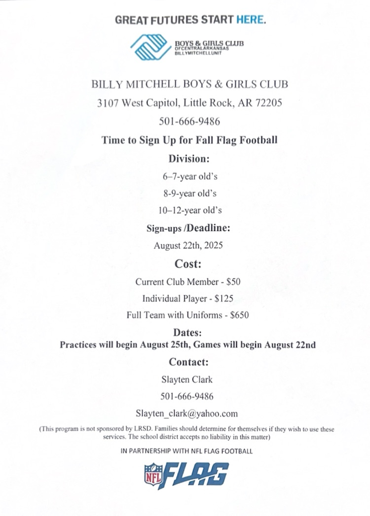 deadline- August 22nd. 6-12 years old. contact Slayten Clark 501-665-9486 for more information 