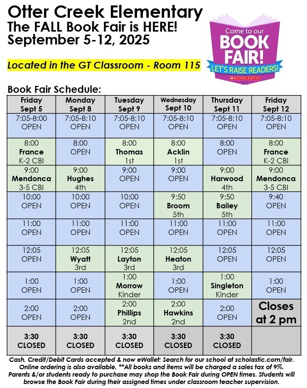 Book Fair schedule