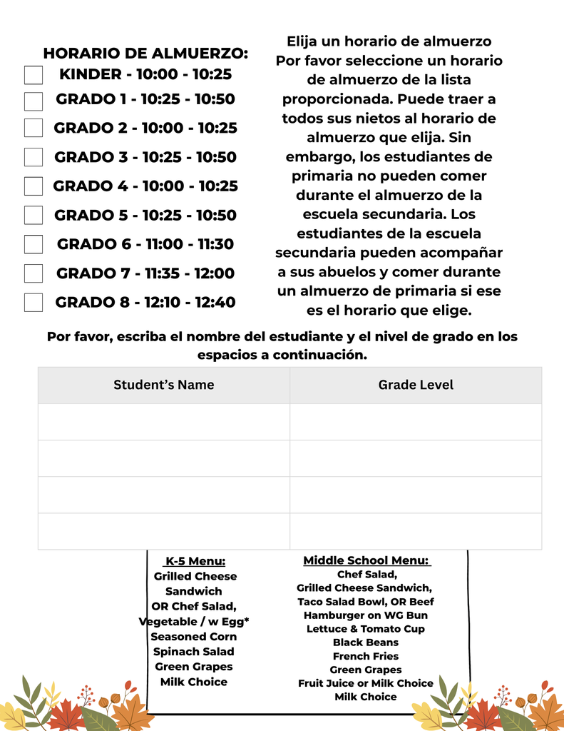 Grandparents Day Luncheon Schedule - Spanish