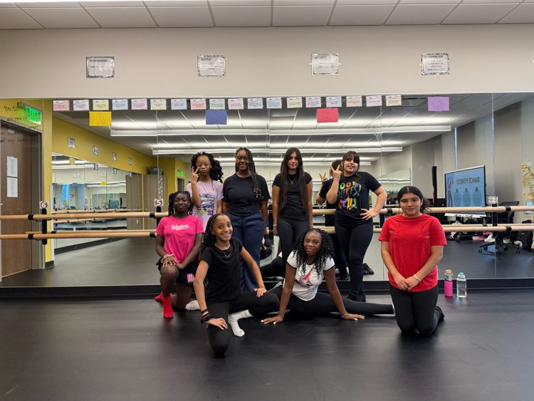 Students are posing for a picture in the dance room 