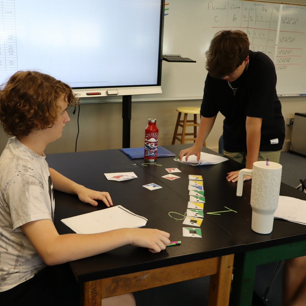 Students working together to organize cards