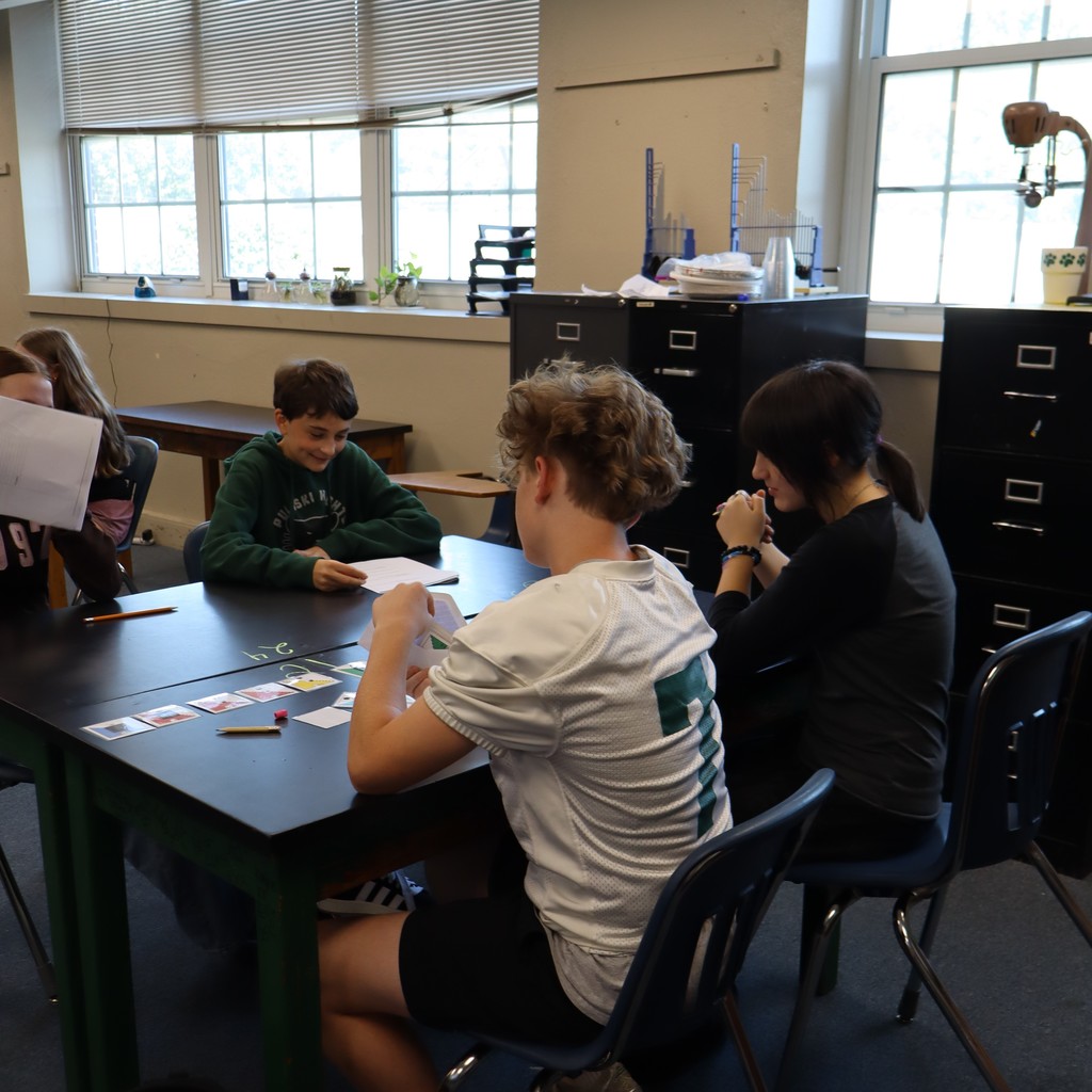 Students working together to organize cards