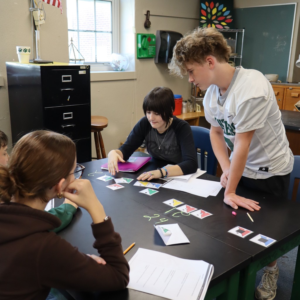 Students working together to organize cards