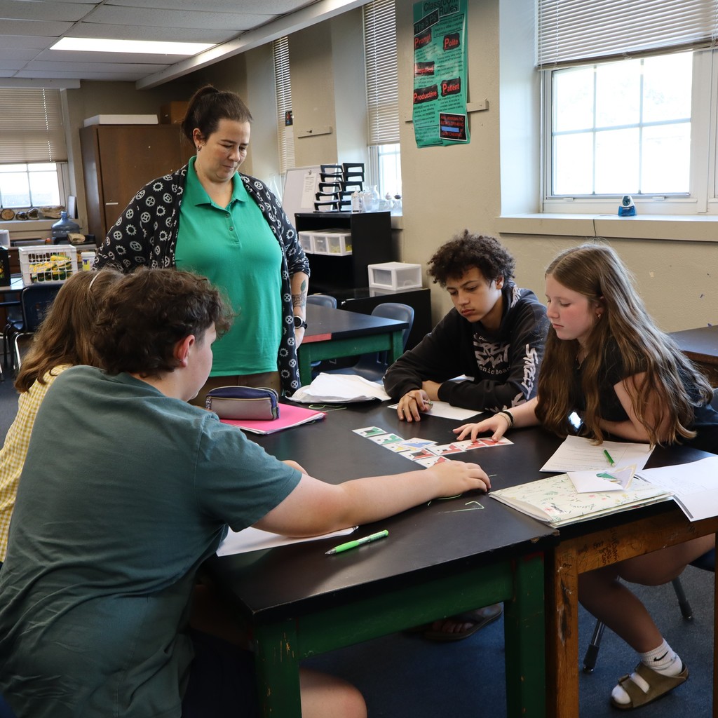 Students working together to organize cards