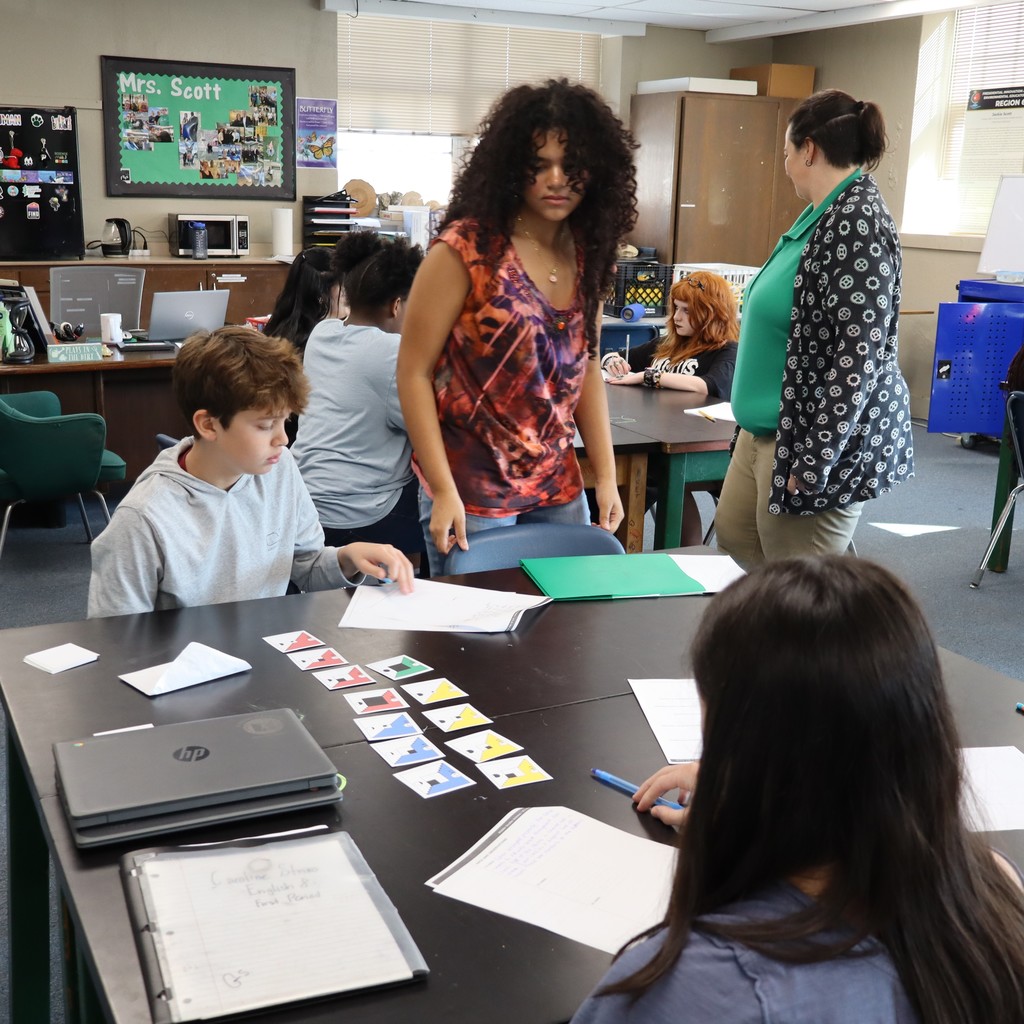 Students working together to organize cards