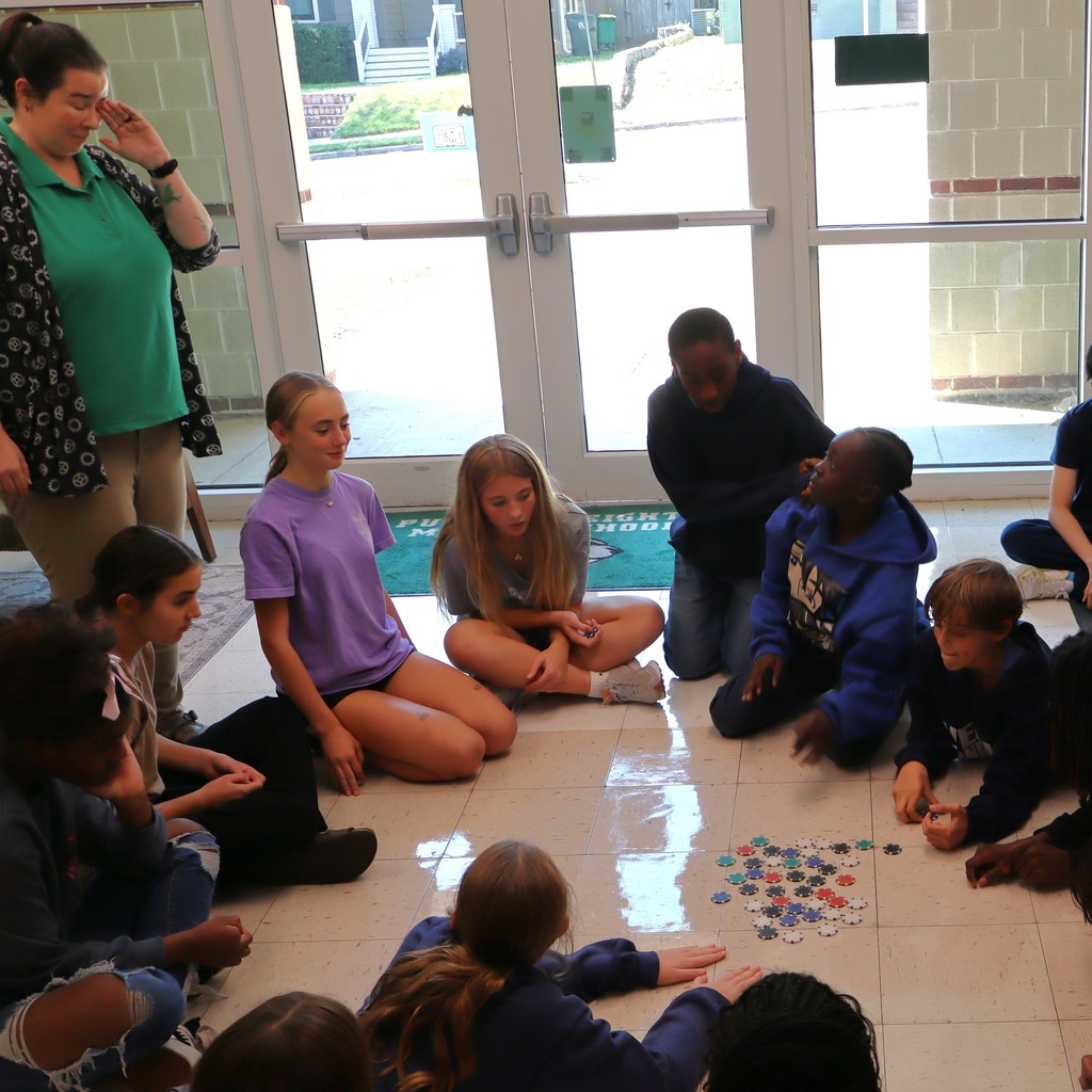 Students grouped together discussing resources
