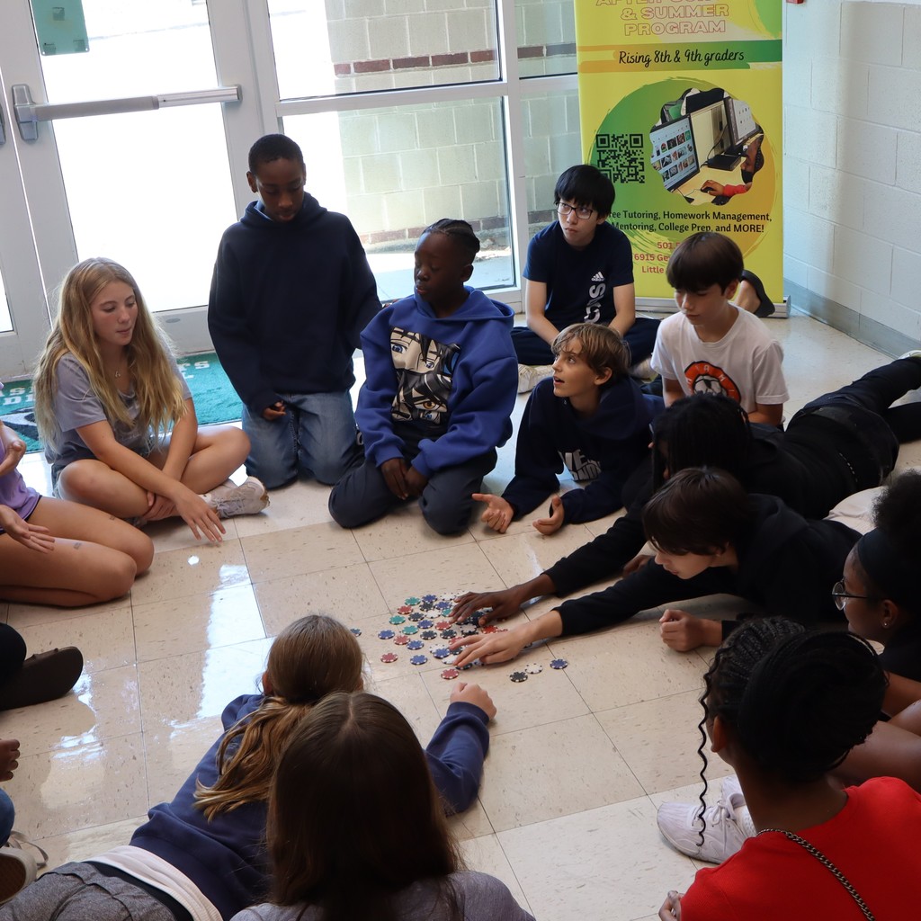 Students grouped together discussing resources