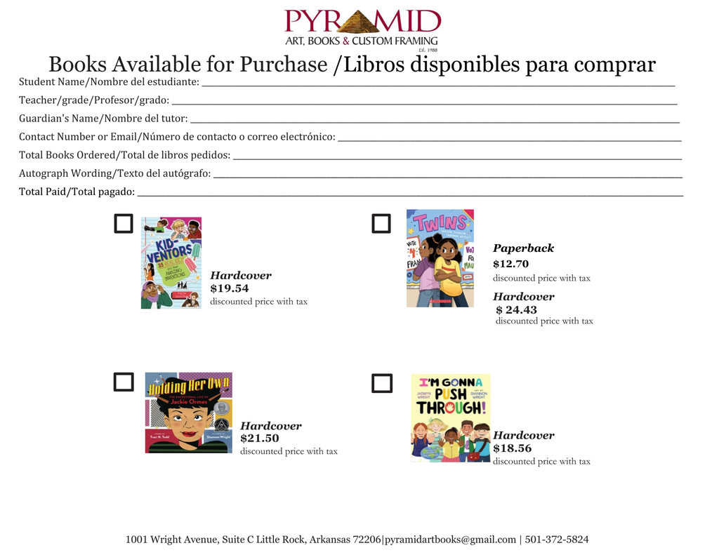Image of the order form.  The book Kid Inventor costs $19.54.  The graphic novel, Twins, costs $12.70 for a paperback and $24.43 for a hardback.  The book Holding Her Own: The Exceptional Life ofJackie Ormes is $21.50.  The book, I'm Gonna Push Through, costs $18.56.