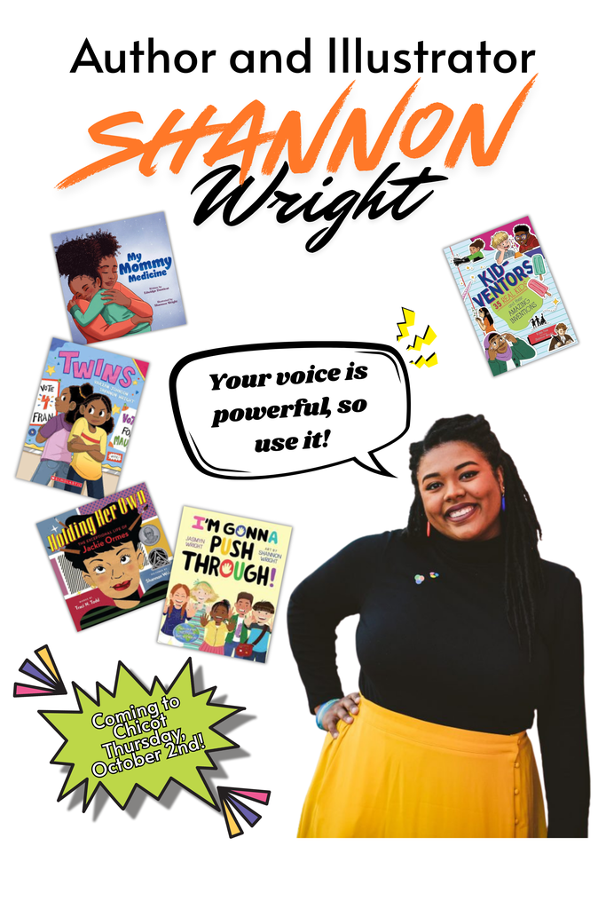 Image of Shannon Wright surrounded by her books and she is saying, "Your voice is powerful, so use it!"