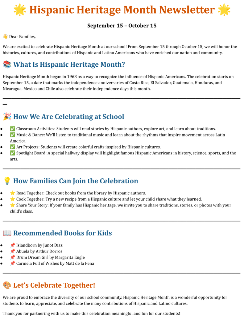 Hispanic Heritage Month Newsletter- English