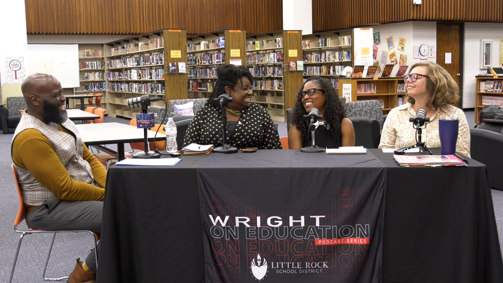 Dr. Wright and guests laugh during Episode 3 of the Wright on Education podcast