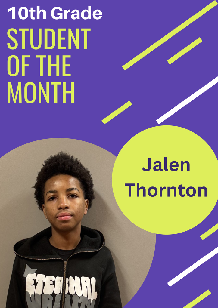Jalen Thornton-10th Grade Student of The Month, Male with low cut afro wearing black hoodie that says eternal