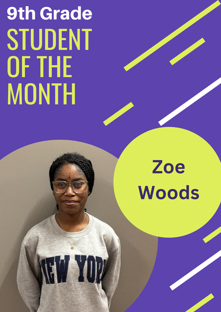 Zoe Woods 9th Grade Student of the Month, female with braids and glasses wearing a gray New York sweat shirt