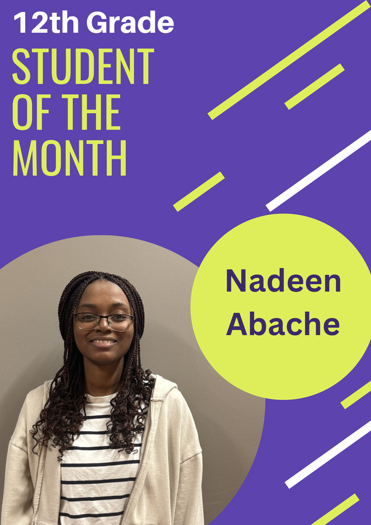 Nadeen Abache-12th Grade Student Of The Month, female curly braids with glasses wearing a beige cardigan, white and brown striped shirt