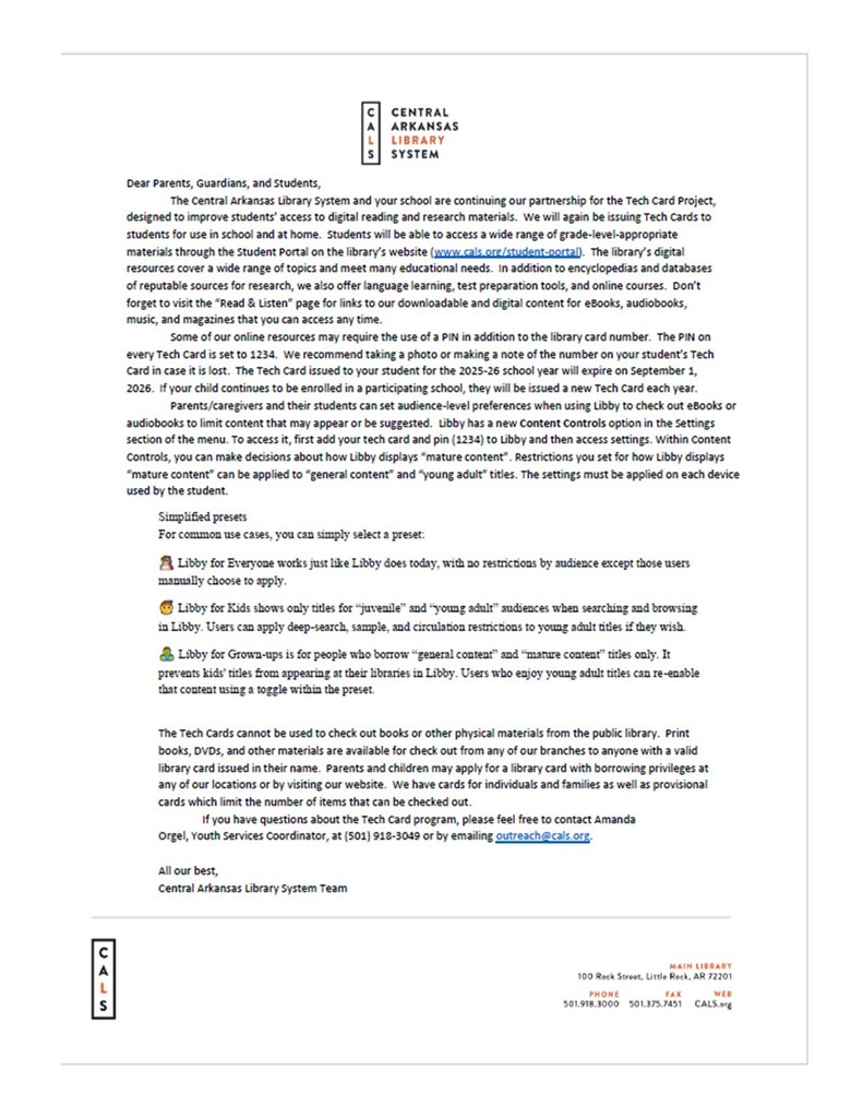 Parent Letter for CALS Tech Cards