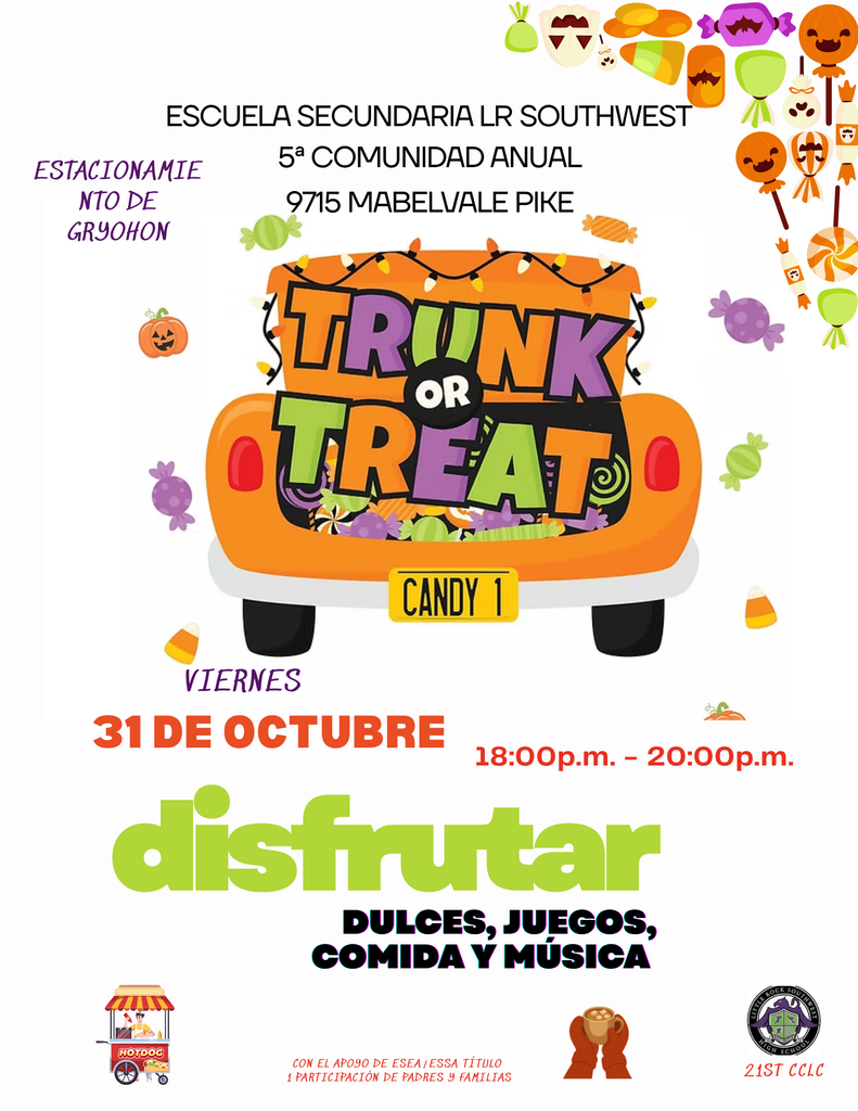 Trubk or Treat Viernes 31 de octubre. 1800pm-200:00pm disfrutar duloes, juegos, comida y music estacionamie nto de Gryphon