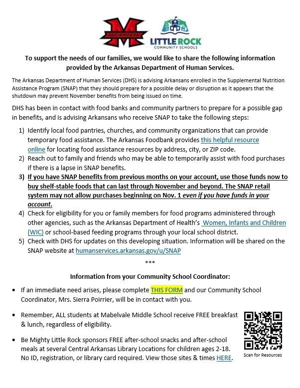 Flyer from Mabelvale Middle School and Little Rock Community Schools sharing information from the Arkansas Department of Human Services about possible delays in November SNAP (food stamp) benefits. It provides five steps for SNAP recipients: 1) locate food assistance resources through the Arkansas Foodbank; 2) reach out to family or friends for temporary help; 3) use remaining SNAP benefits now to buy shelf-stable foods, as purchases may be unavailable after November 1 even if funds remain; 4) check eligibility for WIC or school food programs; and 5) check the DHS website for updates at humanservices.arkansas.gov/u/SNAP. The flyer also includes local school information: A link to complete a form if immediate needs arise (contact Mrs. Sierra Poirrier, Community School Coordinator). Reminder that all Mabelvale Middle students receive free breakfast and lunch. Details about free after-school snacks and meals for children ages 2–18 at Central Arkansas Library locations (no ID or registration needed). Logos of Mabelvale Middle School and Little Rock Community Schools at the top, and a QR code at the bottom labeled “Scan for Resources.”