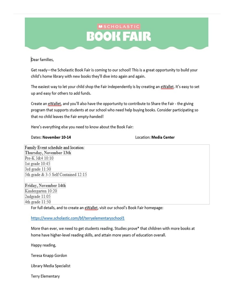 Book Fair Parent Letter