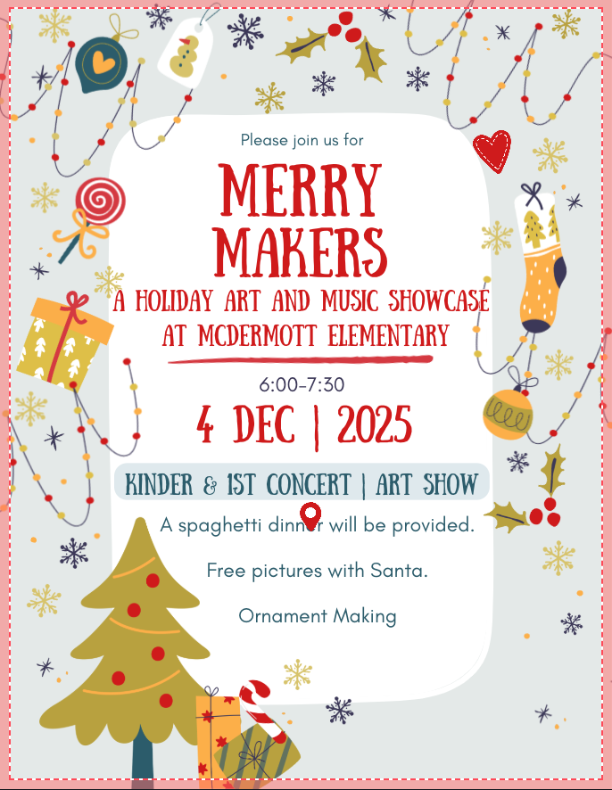 Merry Makers holiday art and music showcase 12/4/2025 from 6:00-7:30 PM; pics with Santa ornament making; free food. 