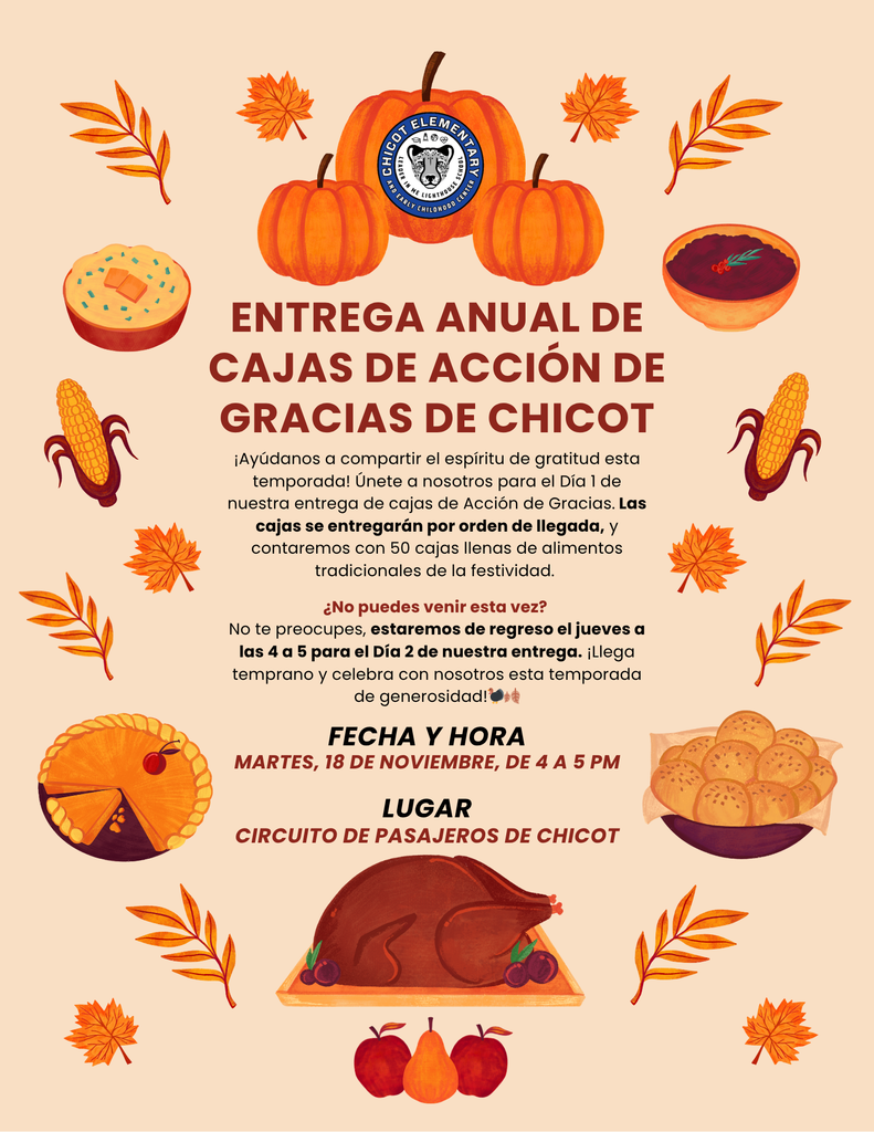 Entrega Anual de Cajas de Acción de Gracias de Chicot ¡Ayúdanos a compartir el espíritu de gratitud esta temporada! Únete a nosotros para el Día 1 de nuestra entrega de cajas de Acción de Gracias. Las cajas se entregarán por orden de llegada, y contaremos con 50 cajas llenas de alimentos tradicionales de la festividad.   ¿No puedes venir esta vez?  No te preocupes, estaremos de regreso el jueves a las 4 a 5 para el Día 2 de nuestra entrega. ¡Llega temprano y celebra con nosotros esta temporada de generosidad!🦃🍂 Fecha Y Hora Martes, 18 DE NOVIEMBRE, DE 4 A 5 PM  LUGAR Circuito de Pasajeros de Chicot