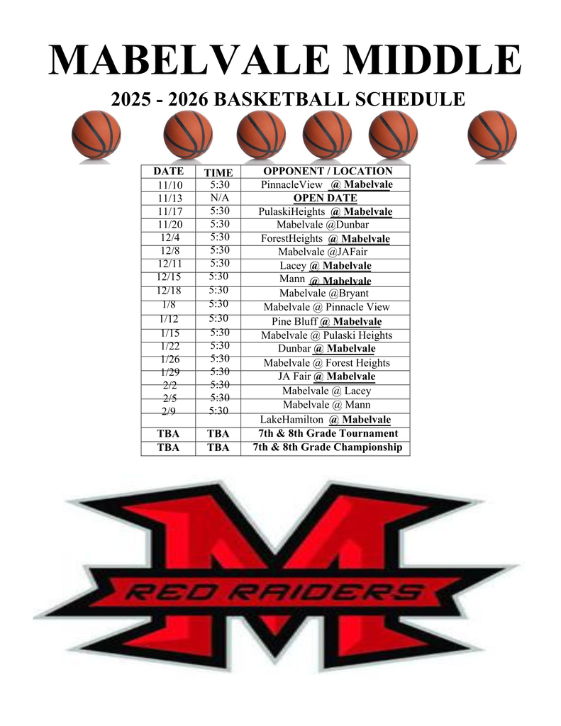 Mabelvale Middle School 2025–2026 Basketball Schedule poster. The title “MABELVALE MIDDLE” appears at the top in bold black text, with “2025–2026 Basketball Schedule” underneath. Below the title, there are five basketball graphics in a row.  A table lists the basketball game dates, times, opponents, and locations. Games begin on November 10 and end on February 9, with additional tournament and championship dates listed as “TBA.” Home games are marked with “@ Mabelvale.”  At the bottom of the poster, there is a large red and black “M” logo with “RED RAIDERS” written across it in bold text.