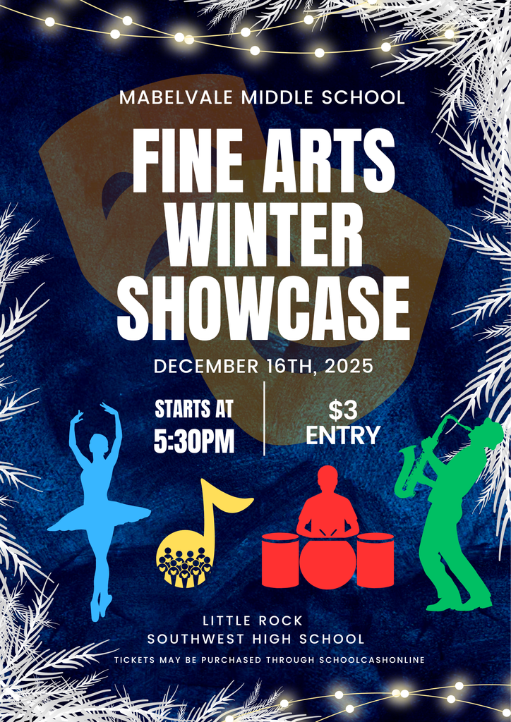 A blue and white flyer titled “Fine Arts Winter Showcase.” Large text reads “You’re Invited to Our Fine Arts Winter Showcase.” The flyer lists the event date as December 16th, 2025, with a 6 PM start time at Southwest High School. A bold circle displays “$3 Entry.” The design includes abstract winter-themed graphics.