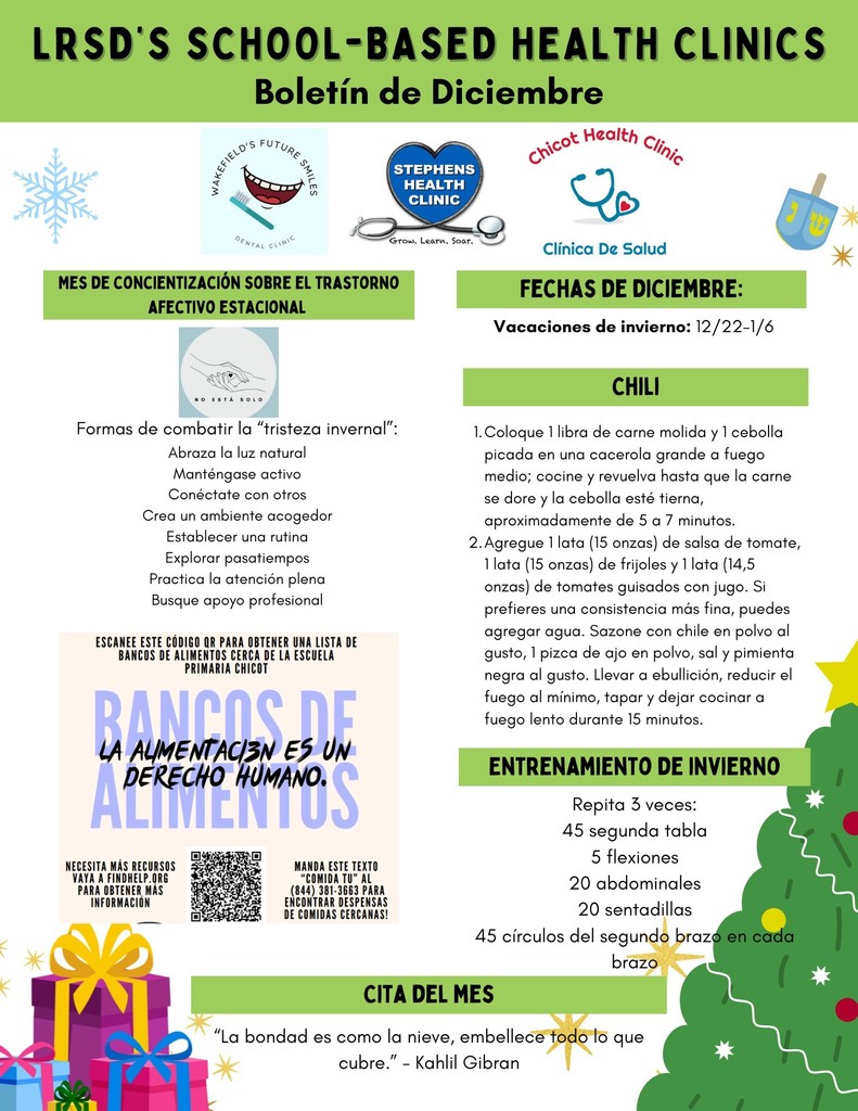 SPANISH VERSION OF HEALTH CLINIC DATES - 12/22 - 1/6, FOOD BANK QR CODE TO SCAN FOR ASSISTANCE AND CHILI RECIPE