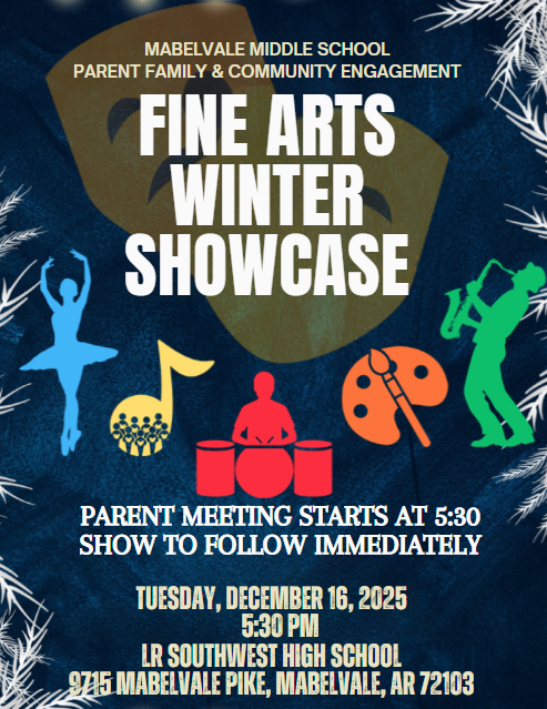 A blue and white flyer titled “Fine Arts Winter Showcase.” Large text reads “You’re Invited to Our Fine Arts Winter Showcase.” The flyer lists the event date as December 16th, 2025, with a 6 PM start time at Southwest High School. A bold circle displays “$3 Entry.” The design includes abstract winter-themed graphics.