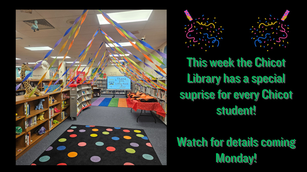 Image of Chicot Library with party streamers hanging from the ceiling.