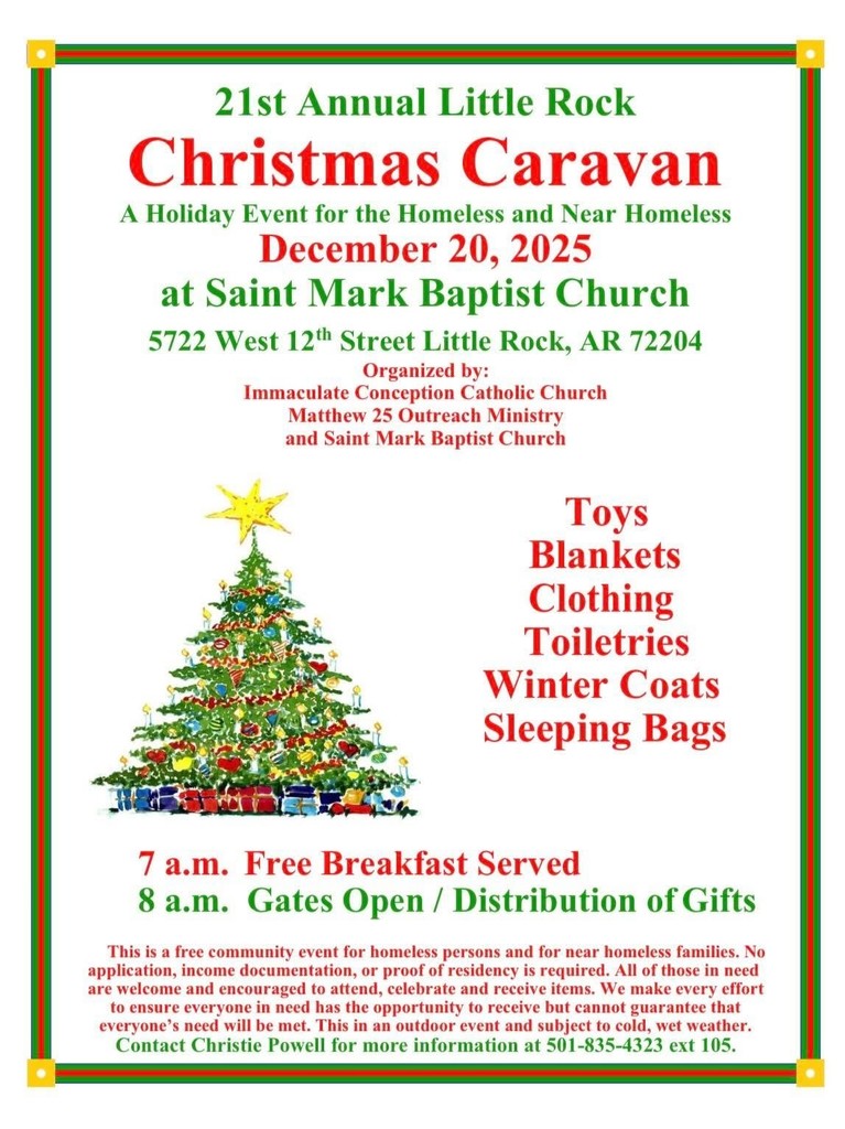 21st annual LR Christmas caravan december 20, 2025 at Saint Mark Baptist Church 7 am breakfast served 8 am gates open distribution of gifts