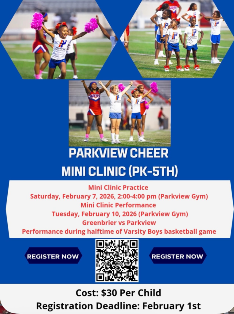 📣 Calling all future cheerleaders! 📣 Do you have an elementary student who loves cheer? 💙✨ Check out the attached flyer for a Mini Cheer Clinic hosted by Parkview! It’s a great chance for students to learn new skills, have fun, and show their school spirit.  Don’t miss out—be sure to take a look! 🎀📄