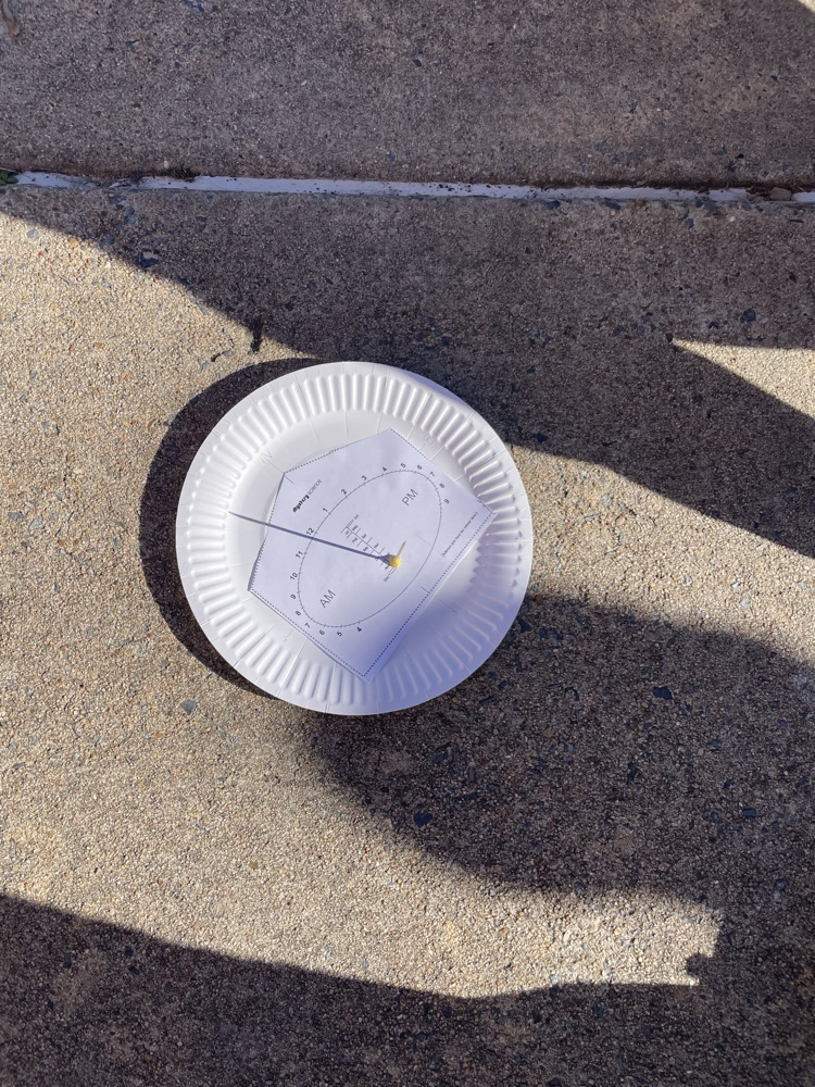Students in 5th grade science made their own shadow clocks and were able to test them outside to see how the position of the sun can tell them the time of day! 