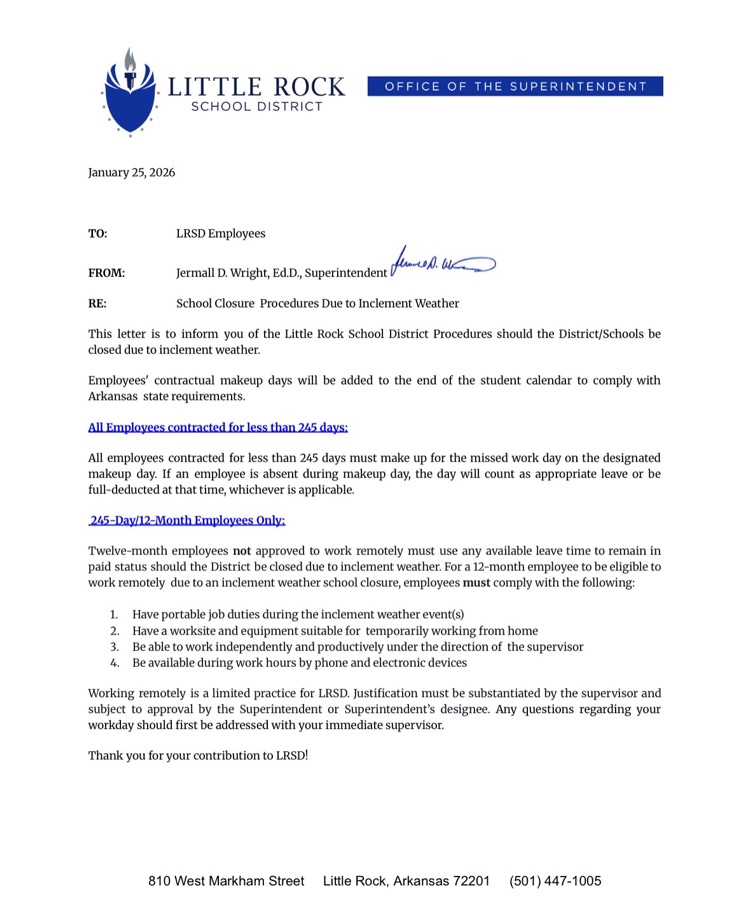 LRSD inclement letter from Dr. Wright