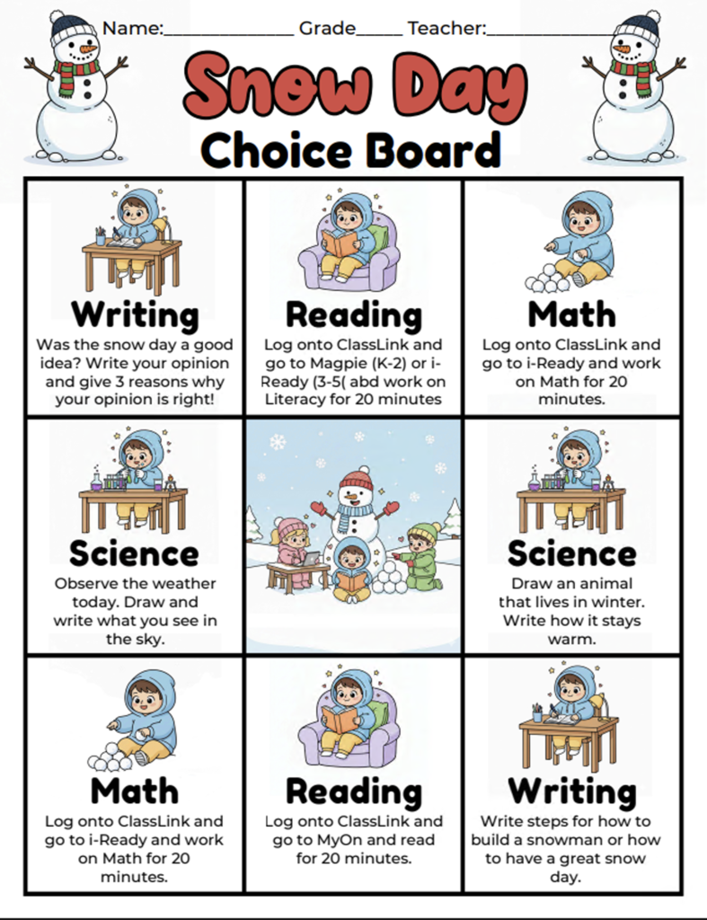 Snow day learning choice board