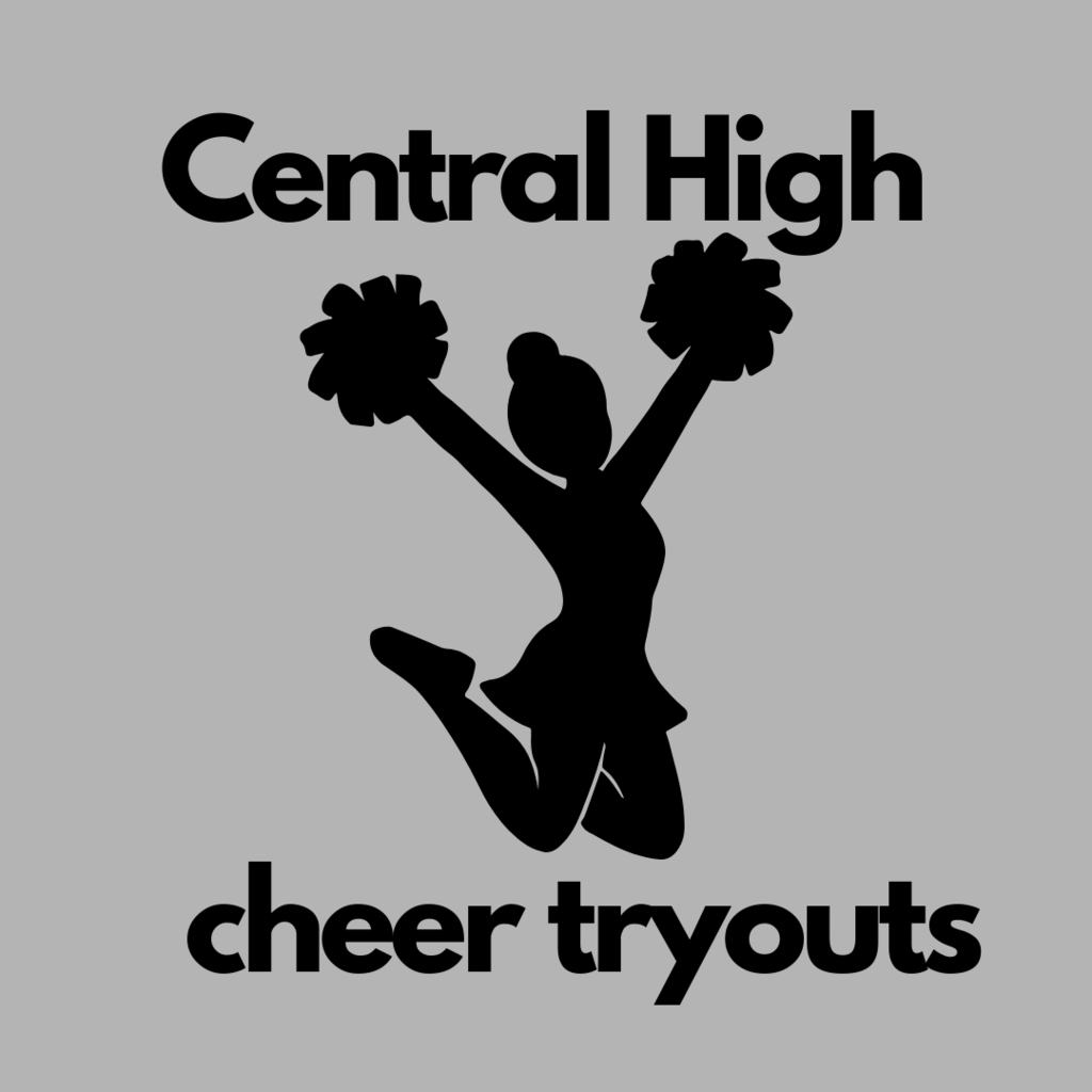 Jumping cheerleader graphic, cheer tryouts at Central