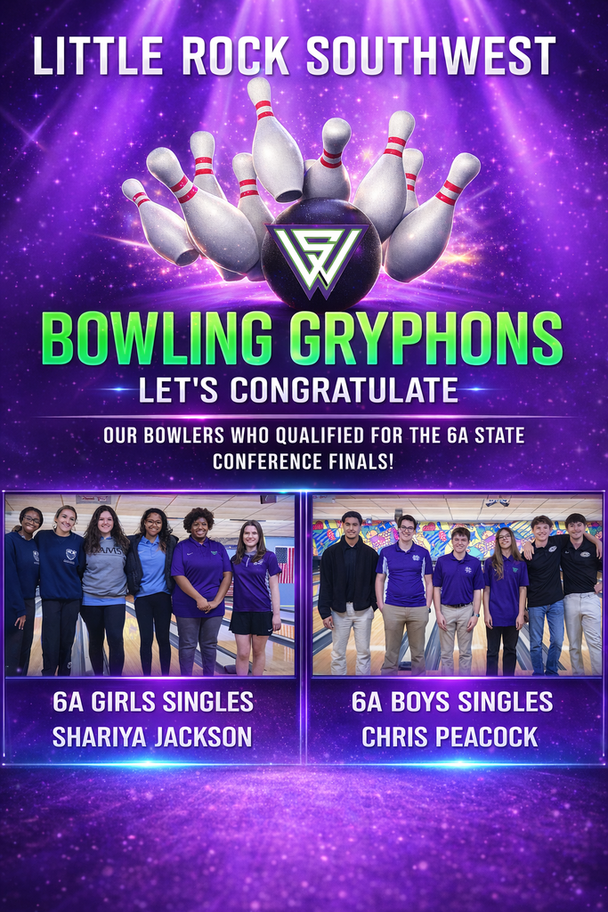 Congratulations to these students who will be competing next week in Fayetteville, AR!  6A GIRLS SINGLES SHARIYA JACKSON (FEMALE PURPLE SHIRT WITH GREEN EMBLE, BROWN HAIR) 6A BOYS SINGLES CHRIS PEACOCK (MALE PURPLE SHIRT WITH GREEN EMBLE, LONG BLOND HAIR) 