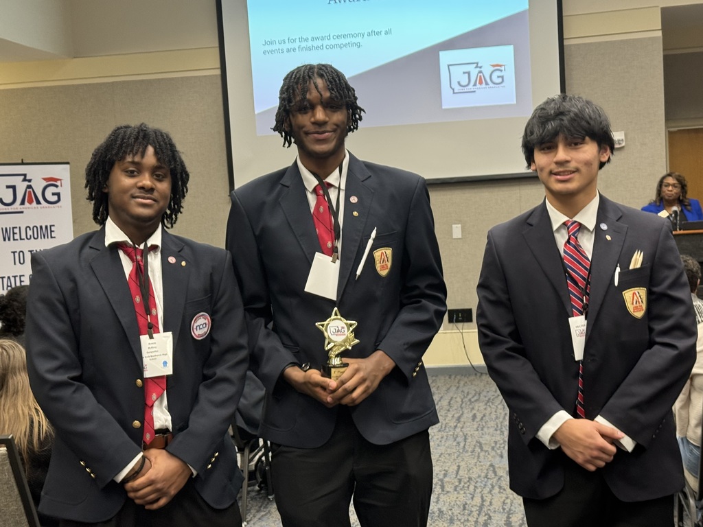  Scholars at Little Rock Southwest High School competed in the JAG State Career Development Conference in Hot Springs, AR.  Avante McElroy (curly hair male-African American), Senneca Mackey (tall male with curly hair-African American) and Hector Orellano (male with straight black hair-Hispanic )