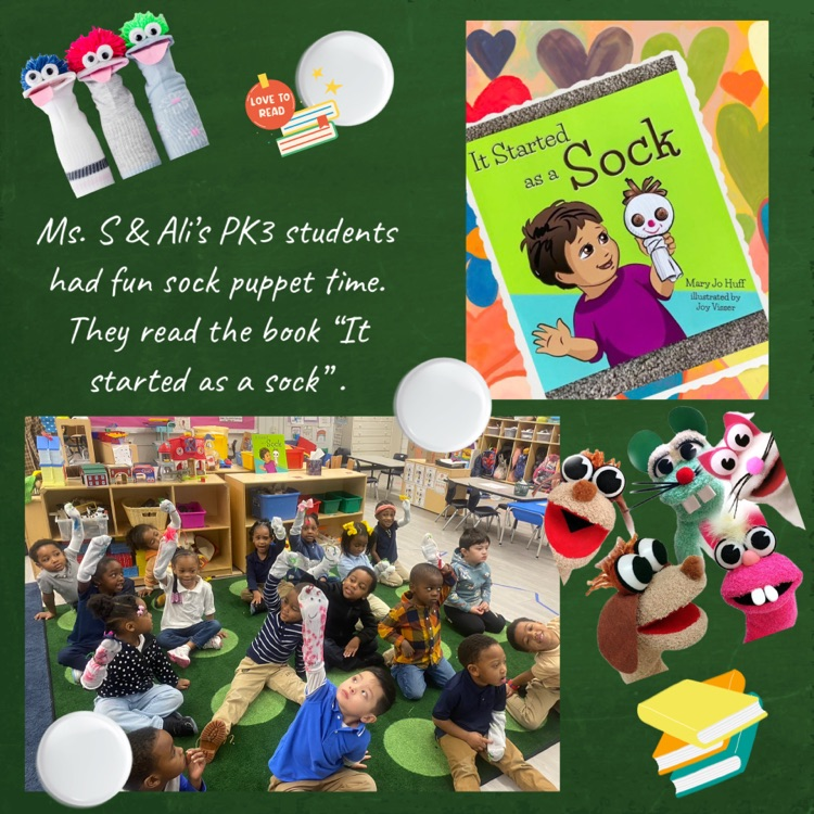Ms. S & Ms. Ali’s PK 3 students are enjoying the sock puppets after reading the sock book. 