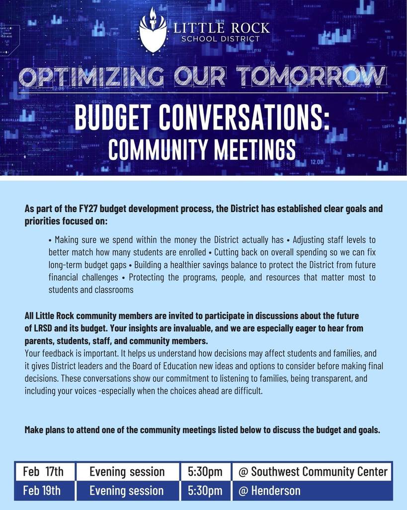 Graphic from the Little Rock School District titled “Optimizing Our Tomorrow: Budget Conversations, Community Meetings.” The top features the Little Rock School District logo on a blue background with abstract charts and data visuals. Below, text explains that as part of the fiscal year twenty twenty seven budget development process, the District has established goals focused on spending only the money available, adjusting staff levels to match enrollment, cutting overall spending to address long term budget gaps, building a healthier savings balance for future financial challenges, and protecting programs, people, and resources that matter most to students and classrooms. Additional text invites all Little Rock community members, especially parents, students, staff, and community members, to participate and share feedback to help guide decisions and ensure transparency. At the bottom, meeting details are listed: Tuesday, February seventeenth, evening session at five thirty p.m. at Southwest Community Center, and Thursday, February nineteenth, evening session at five thirty p.m. at Henderson.
