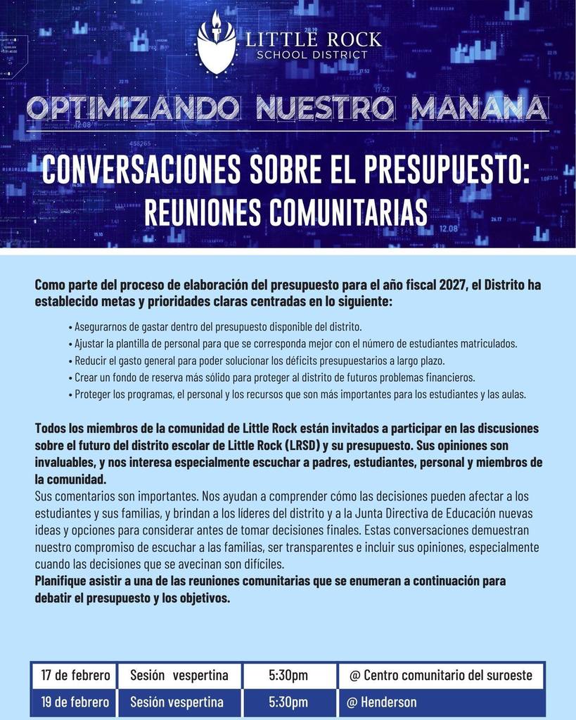 Gráfico del Distrito Escolar de Little Rock con un fondo azul que incluye gráficos y datos abstractos. En la parte superior aparece el logotipo del Distrito Escolar de Little Rock junto al texto “Optimizando Nuestro Mañana.” Debajo se lee “Conversaciones sobre el Presupuesto: Reuniones Comunitarias.” El texto explica que, como parte del proceso de elaboración del presupuesto para el año fiscal dos mil veintisiete, el distrito ha establecido metas y prioridades claras. Estas prioridades incluyen asegurarse de gastar dentro del presupuesto disponible del distrito, ajustar la plantilla de personal para que coincida mejor con el número de estudiantes matriculados, reducir el gasto general para abordar los déficits presupuestarios a largo plazo, crear un fondo de reserva más sólido para proteger al distrito de futuros problemas financieros, y proteger los programas, el personal y los recursos que son más importantes para los estudiantes y las aulas. El gráfico también indica que todos los miembros de la comunidad de Little Rock están invitados a participar en las discusiones sobre el futuro del Distrito Escolar de Little Rock y su presupuesto, y que sus opiniones son valiosas, especialmente las de padres, estudiantes, personal y miembros de la comunidad. Se señala que los comentarios ayudan a comprender cómo las decisiones pueden afectar a los estudiantes y sus familias, y brindan a los líderes del distrito y a la Junta Directiva de Educación nuevas ideas y opciones antes de tomar decisiones finales. Estas conversaciones reflejan el compromiso del distrito con escuchar a las familias, ser transparentes e incluir sus opiniones, especialmente cuando las decisiones son difíciles. En la parte inferior se muestran los detalles de las reuniones comunitarias: martes diecisiete de febrero, sesión vespertina a las cinco treinta p m, en el Centro Comunitario del Suroeste; y jueves diecinueve de febrero, sesión vespertina a las cinco treinta p m, en Henderson.