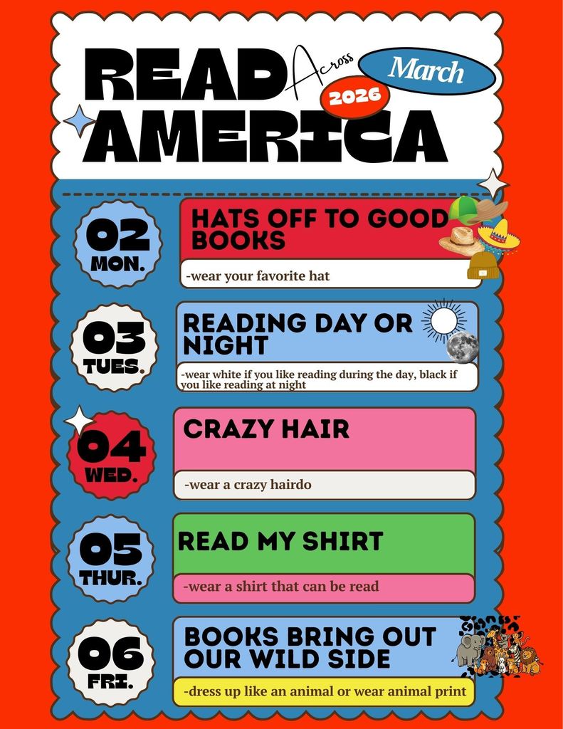 flier showing McDermott's dress up days for Read Across America