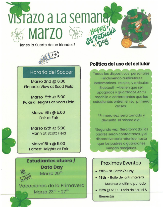 Green March “Week at a Glance” school newsletter with St. Patrick’s Day theme. Includes soccer schedule (March 2, 5, 9, 12, 16), student cell phone policy reminder, Student Out/Data Day on March 20, Spring Break March 23–27, and upcoming events: St. Patrick’s Day (17th), Spring Dance (18th), and Health & Wellness Fair (19th at 5:00).