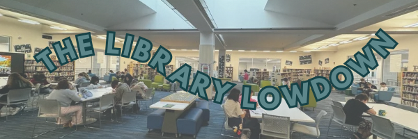 A picture of the media center at PVMS with the words "The Library Lowdown" across it