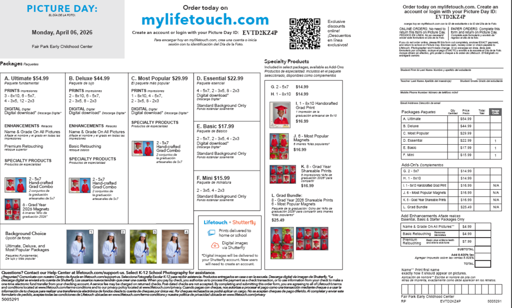 April 6th is cap and gown picture day.  We are waiting on order forms but wanted to give you prices and the picture id code.  EVTD2KZ4P