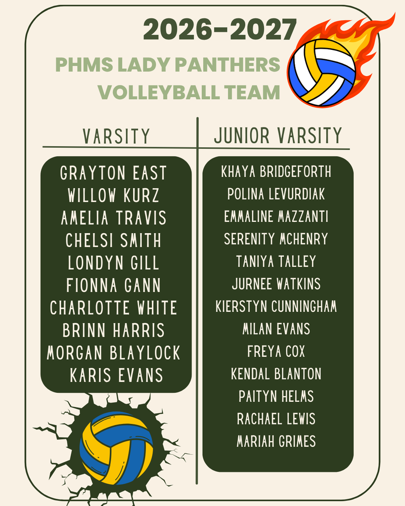 A flyer with the names of the students that made the 2026-2027 PHMS volleyball team
