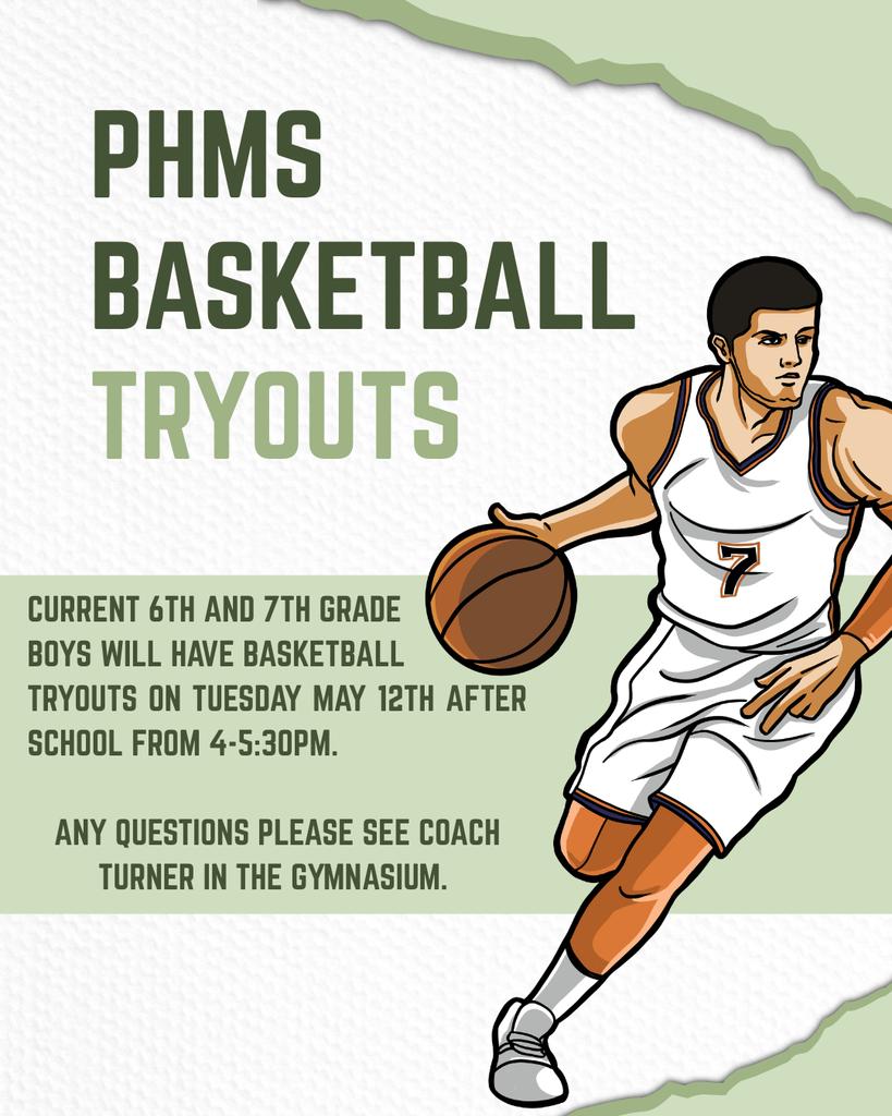 A flyer for tryouts for boys basketball reading: Current 6th and 7th grade boys will have basketball tryouts on Tuesday May 12th after school from 4-5:30pm. Any questions please see Coach Turner in the gymnasium. 